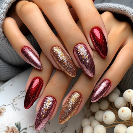 Female hands with red nail design. Glitter nail polish manicure.の素材