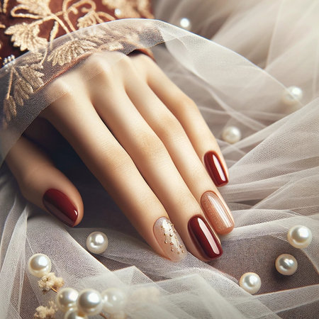 Beautiful female hands with red nail design. Nail polish manicure.の素材