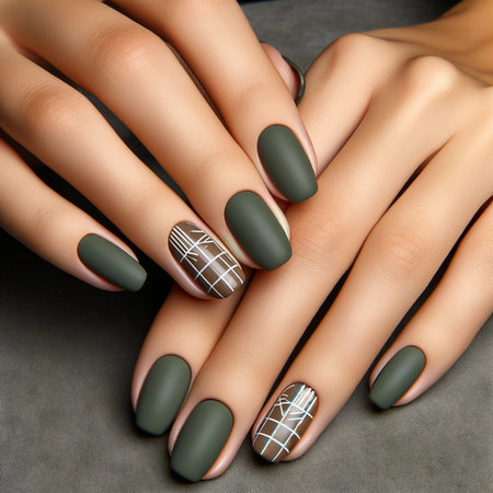Female hands with green manicure. Manicure design on nails.の素材
