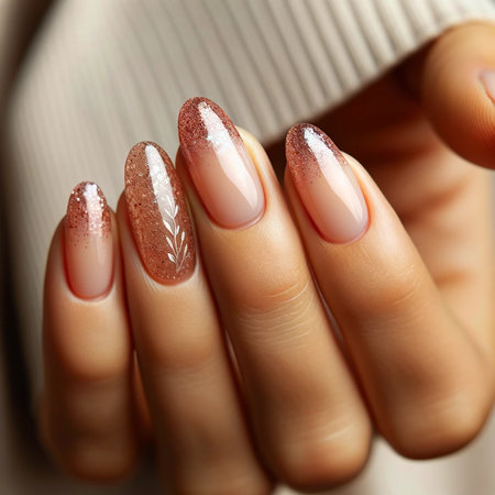 Female hand with beige nail design. Nail polish manicure.の素材