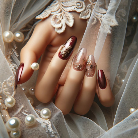 Beautiful female hands with red nail design. Manicure.の素材