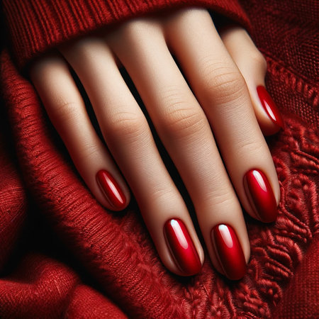 Female hands with red nail design. Woman hands with red manicure.の素材