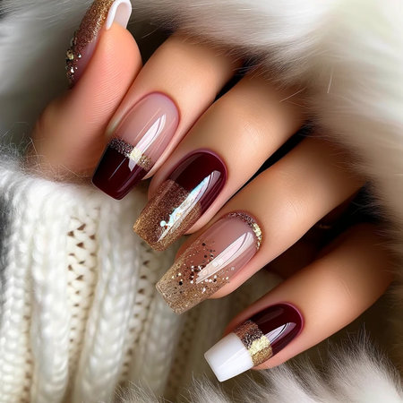 Female hand with nail design. Glitter pink nail polish manicure. Female hand in white fur coat.の素材