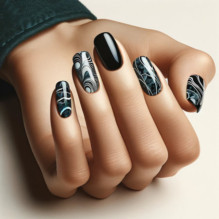 Beautiful female hands with black nail design. Manicure concept.の素材