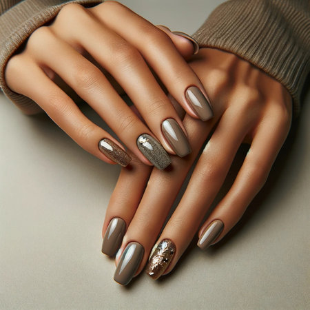 Female hands with beige and silver nail design. Nail polish manicure.の素材