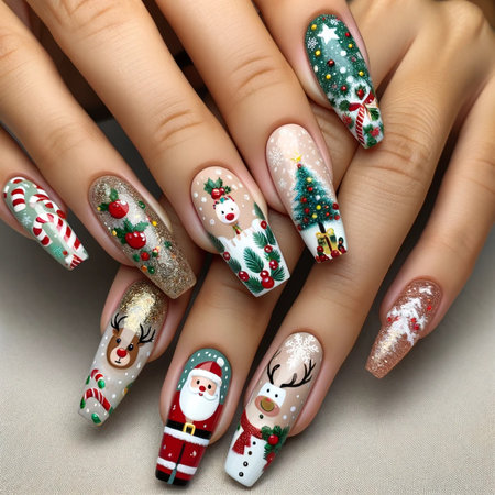 Christmas manicure on female hands. Festive nail art design.の素材