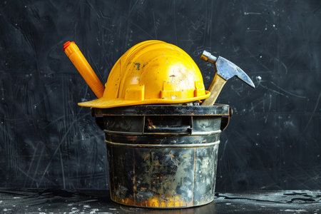 A yellow hard hat and a hammer in a bucket on a black backgroundの素材