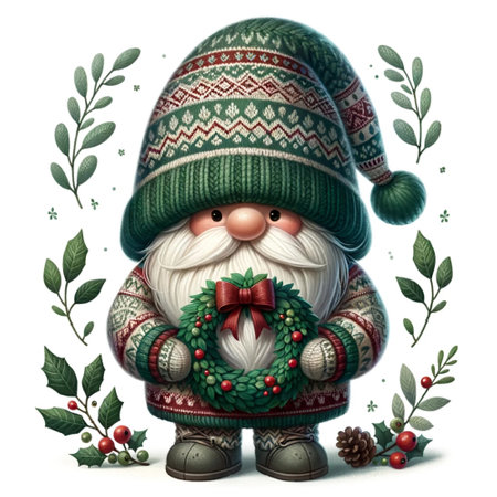 Cute cartoon santa claus with christmas wreath and leavesの素材