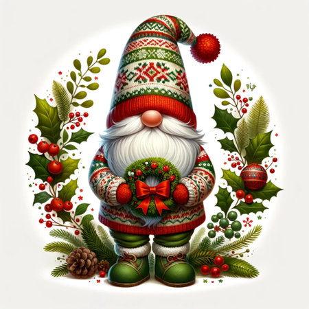 Christmas greeting card with Santa Claus and holly berries. Vector illustration.の素材