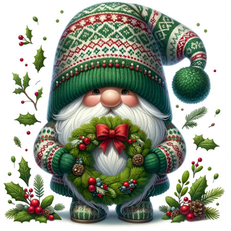 Christmas gnome with a wreath of holly and mistletoeの素材