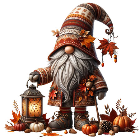 Christmas gnome with lantern and autumn leaves isolated on white background.の素材