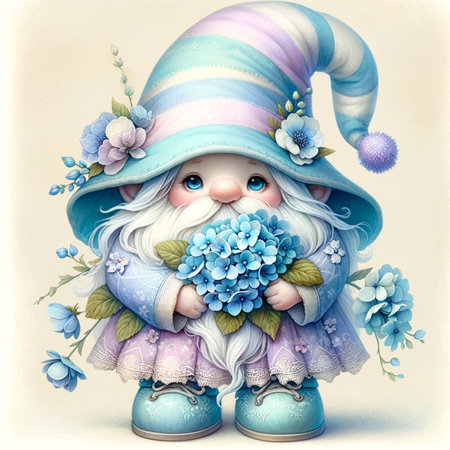 Cute cartoon gnome with blue flowers. Watercolor illustration.の素材