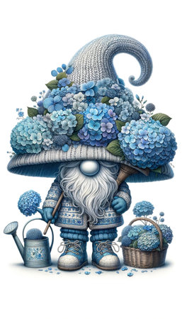 Garden gnome with a basket of hydrangea flowersの素材