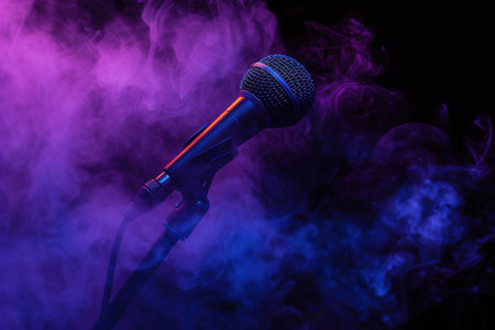 Microphone on a stand on a dark background with colorful smoke.の素材