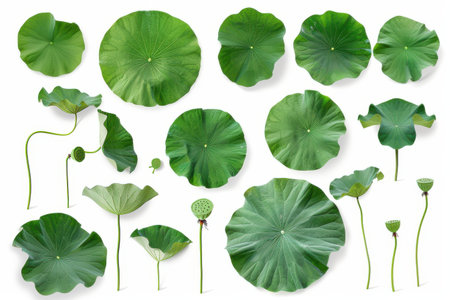 Lotus leaves isolated on white background. Top view. Flat lay.の素材