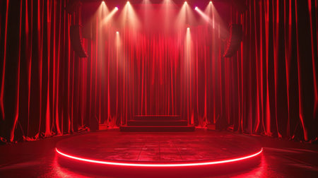 Stage with red curtains and spotlights, 3d rendering. Computer digital drawing.の素材
