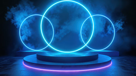Abstract round podium illuminated with blue neon lights. 3D Renderingの素材
