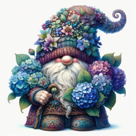 Cute gnome with hydrangea on white background.の素材