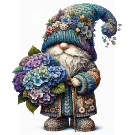 Funny gnome with hydrangea flowers isolated on white backgroundの素材