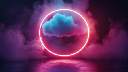 Abstract background with neon circle and smoke. 3D rendering, 3D illustration.の素材