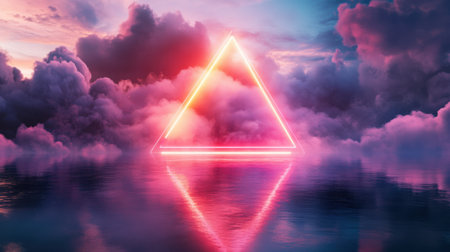 3d illustration of neon triangle in the sky with clouds and reflectionの素材