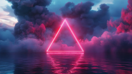 Futuristic neon triangle on the background of the sea and sky. 3d renderingの素材