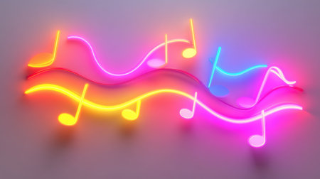 Neon music notes. 3D rendering. Neon light background.の素材