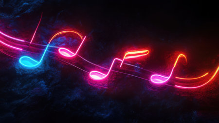 Music notes on a dark background. 3D rendering. Neon lights.の素材