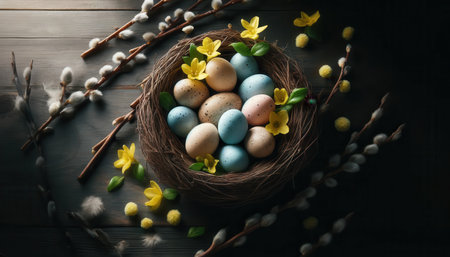 Easter eggs in nest with spring flowers and willow branches on wooden backgroundの素材