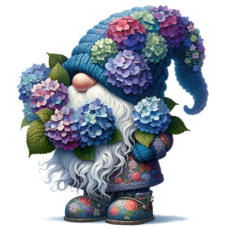 Garden gnome with hydrangea flowers. 3D renderingの素材