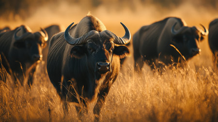 Buffalo herd in the grassland at sunset. Wildlife scene from Africa.の素材