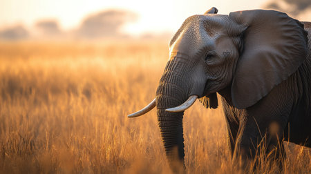 African elephant (Loxodonta africana) walking in the savannah at sunsetの素材