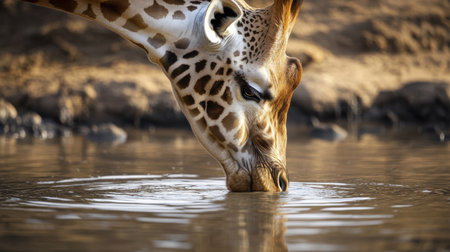 Giraffe drinking water in the Okavango Delta, Botswana.の素材