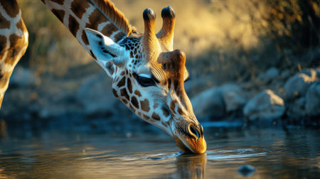 Giraffe drinking water in Kruger National Park, South Africa ; Specie Giraffa camelopardalis family of Giraffidaeの素材