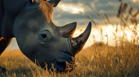 White rhinoceros grazing in the savannah at sunset.の素材