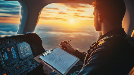 Pilot writing on clipboard in airplane with sunset sky in the backgroundの素材