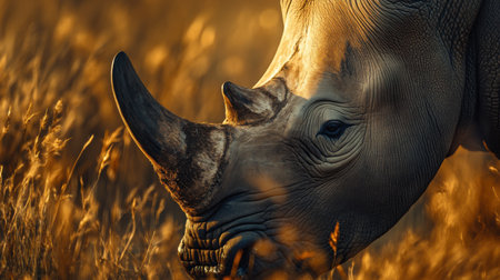 White rhinoceros in the savannah at sunset, Kenya, Africaの素材