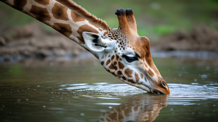 Giraffe (Giraffa camelopardalis) drinking at a waterholeの素材