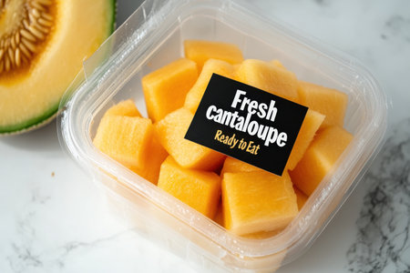 Fresh cantaloupe melon in plastic box with german textの素材
