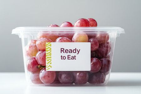 Ripe red grapes in plastic container on white background with label.の素材