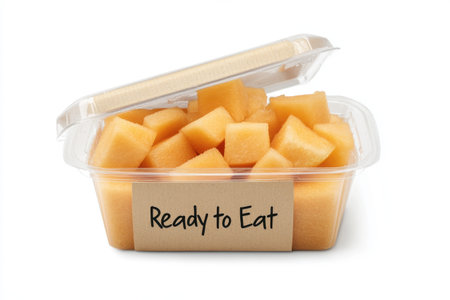 Plastic container with melon cubes on white background. Healthy foodの素材