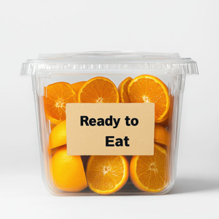 Slices of orange in a plastic container with a label with the inscriptionの素材