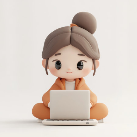 Cute Cartoon Girl with Laptop Computer. 3d Renderingの素材