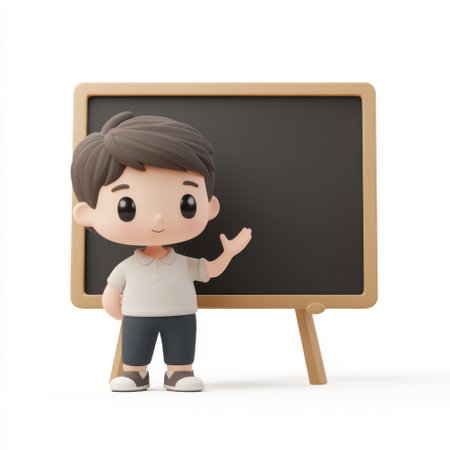 3d render of boy with blackboard. Isolated white backgroundの素材