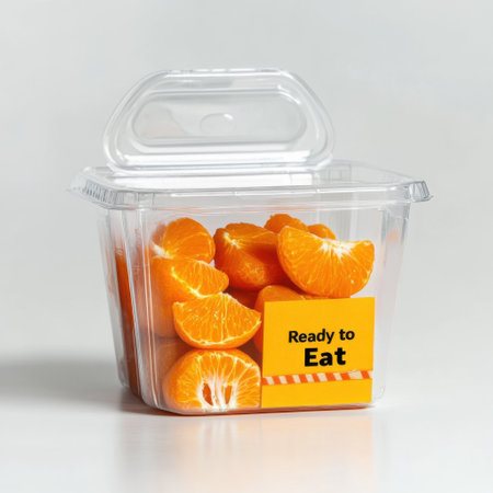 Tangerines in a plastic container with a label on a white backgroundの素材
