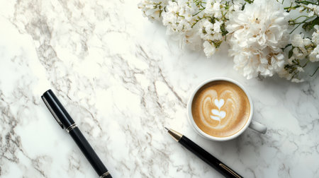 Cup of coffee and flowersle table, flat lay. Space for textの素材