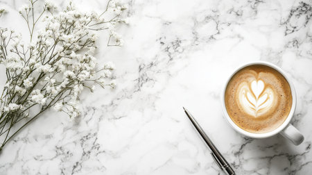 Cup of coffee with latte art on white marble background.の素材