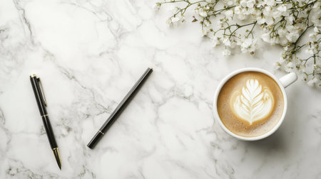 Cup of coffee with a latte art on white marble backgroundの素材