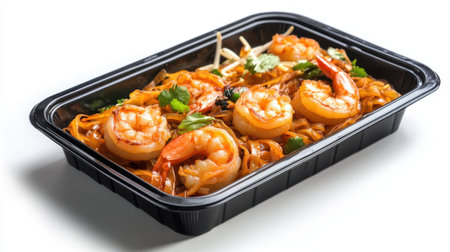 stir-fried rice noodles with shrimps on white backgroundの素材