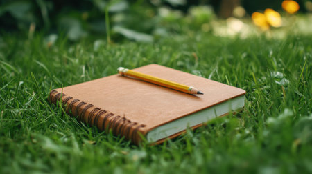 Notebook and pencil on the green grass in the summer garden.の素材